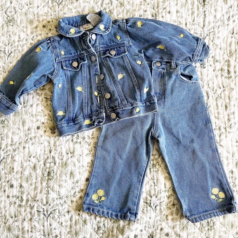 Cradle‎ Togs Girls Blue Denim Floral Embroidered Jacket and Jeans Set 18M